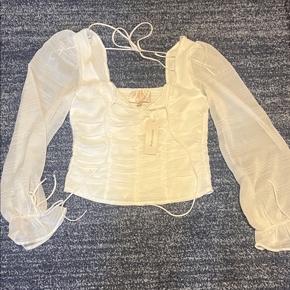 Francesca's Collections White Ruched Blouse with Sheer Sleeves